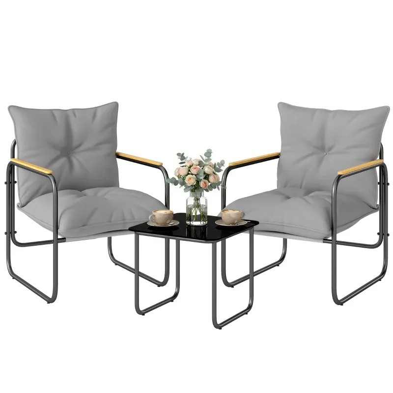 3-teiliges Garten Bistro Set Glastisch 2 Stühle Kissen | Dunkelgrau