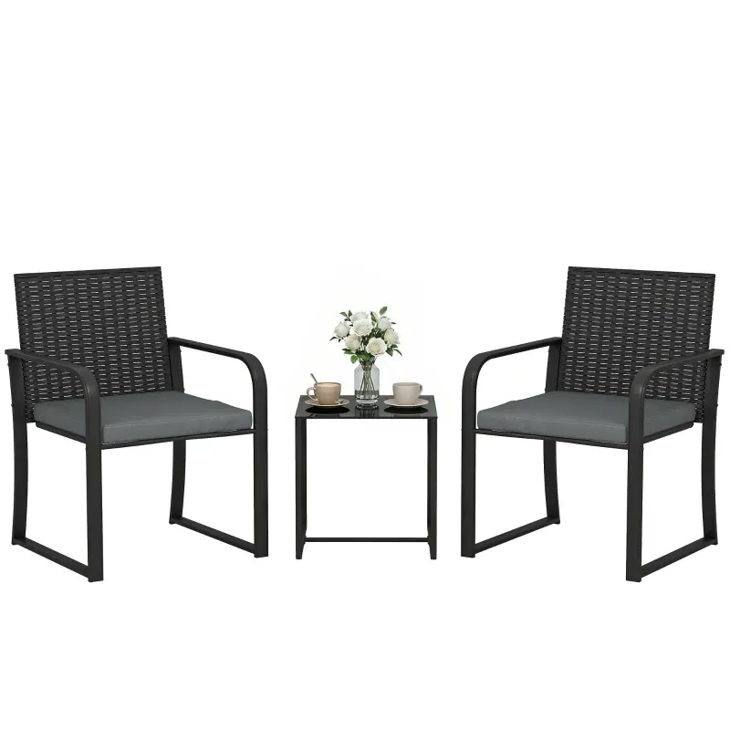 Rattan Gartenmöbel-Set 2 Stühle Kissen Glastisch | Grau Rattan Gartenmöbel-Set 2 Stühle Kissen Glastisch | Grau
