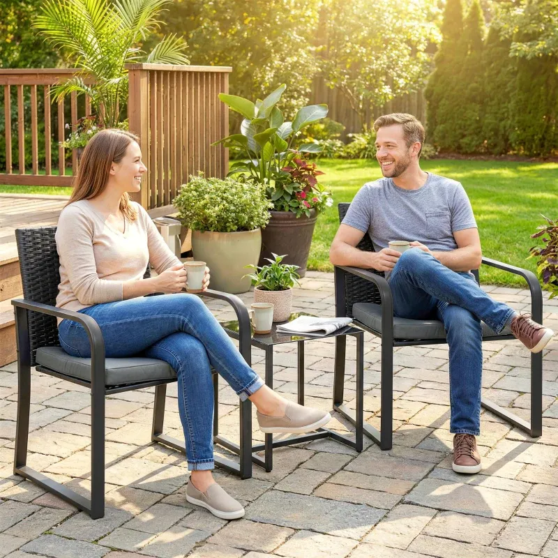 Rattan Gartenmöbel-Set 2 Stühle Kissen Glastisch | Grau