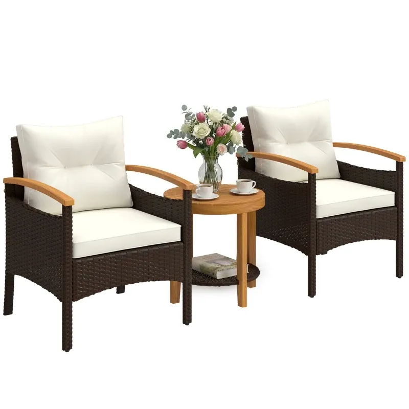Rattan Bistroset 3-teilig Gartenmöbel 2 Sessel Holz-Tisch Kissen | Braun