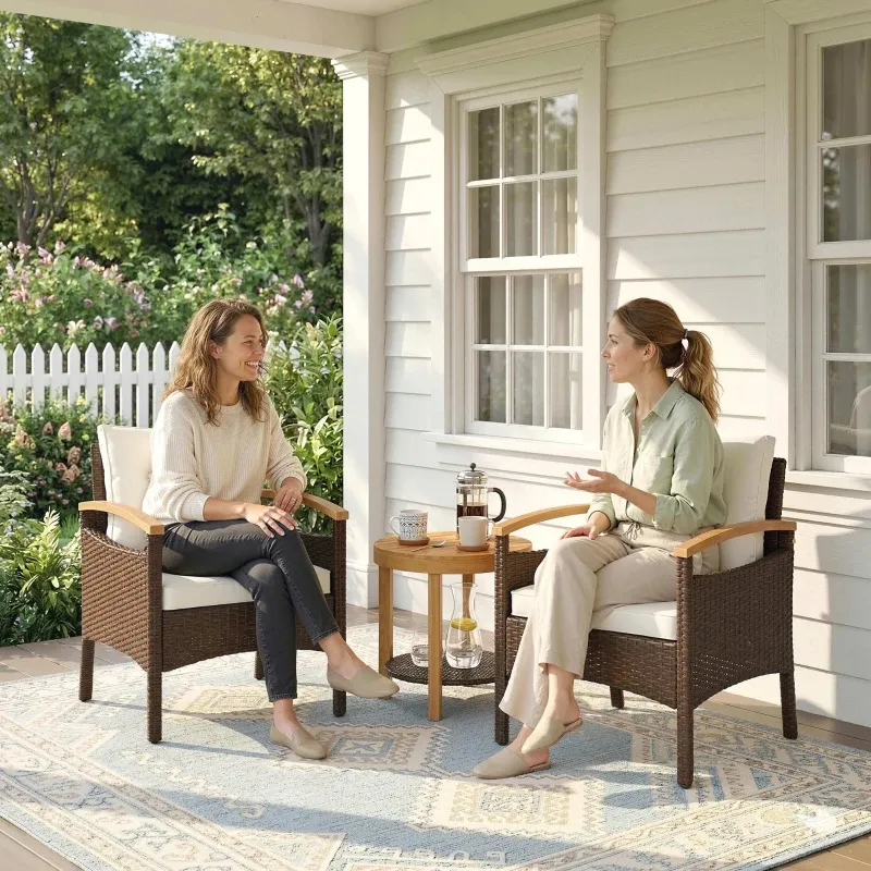 Rattan Bistroset 3-teilig Gartenmöbel 2 Sessel Holz-Tisch Kissen | Braun