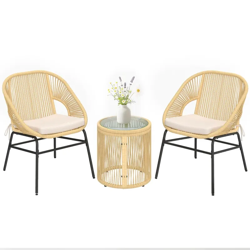 Rattan Bistroset 3-teilig Gartenmöbel 2 Stühle Glastisch Kissen | Beige Rattan Bistroset 3-teilig Gartenmöbel 2 Stühle Glastisch Kissen | Beige
