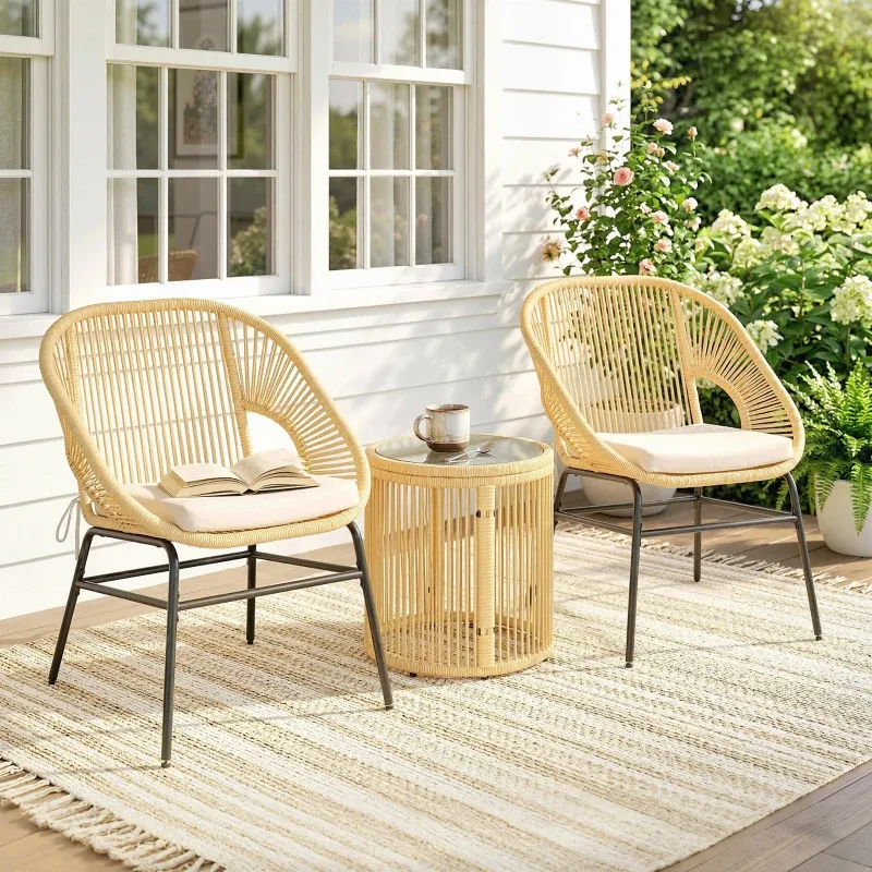 Rattan Bistroset 3-teilig Gartenmöbel 2 Stühle Glastisch Kissen | Beige