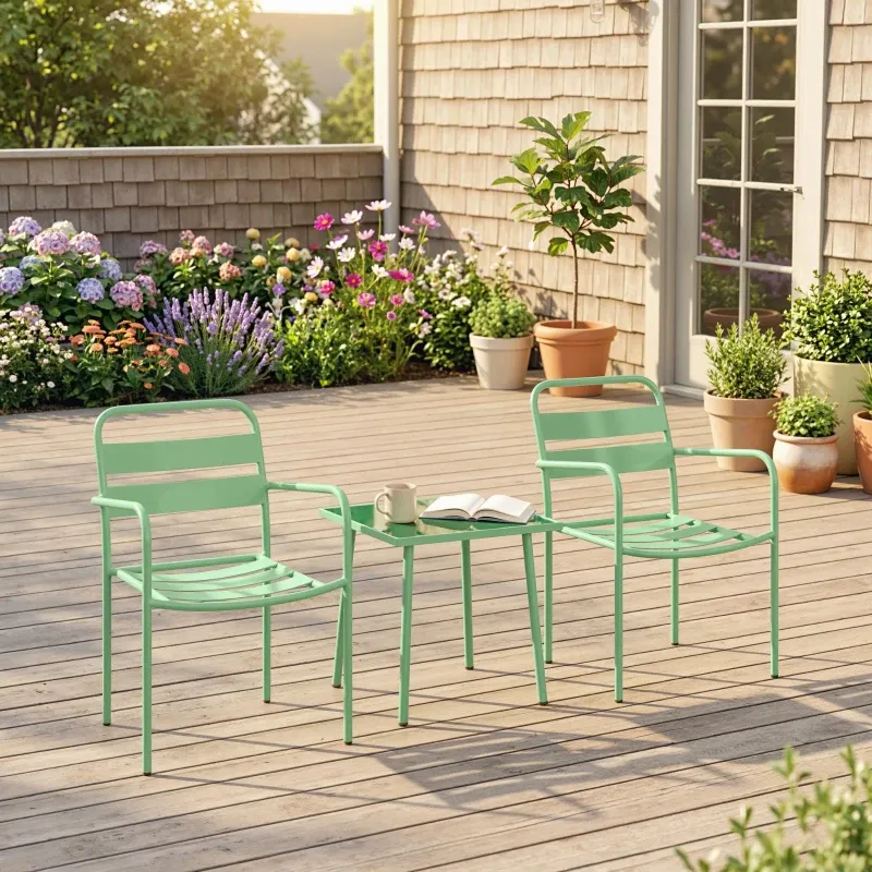 3-teiliges Garten-Bistro-Set Glastisch 2 Lattenstühle Stahl | Grün