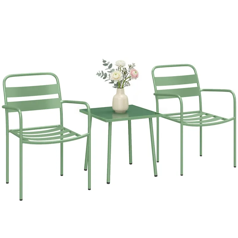 3-teiliges Garten-Bistro-Set Glastisch 2 Lattenstühle Stahl | Grün 3-teiliges Garten-Bistro-Set Glastisch 2 Lattenstühle Stahl | Grün