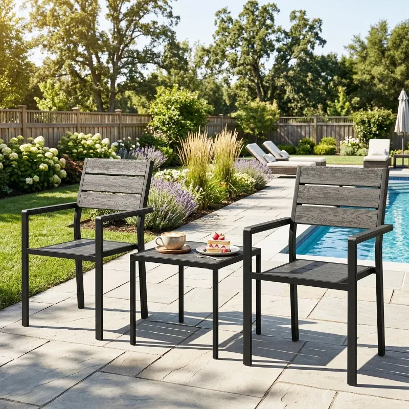 ​3-teiliges Garten Bistro Set 2 Stühle HDPE-Tischplatte | Schwarz
