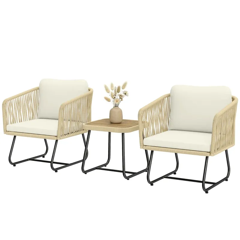 Rattan Bistroset 3-teilig Gartenmöbel 2 Sessel Lamell-Holztisch Kissen | Beige