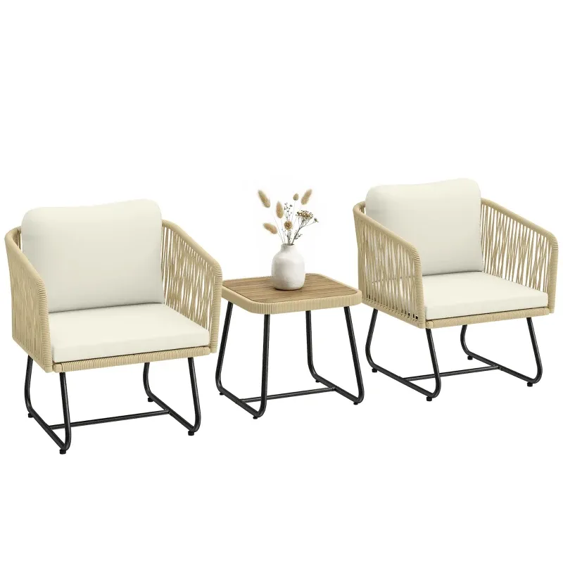 Rattan Bistroset 3-teilig Gartenmöbel 2 Sessel Lamell-Holztisch Kissen | Beige Rattan Bistroset 3-teilig Gartenmöbel 2 Sessel Lamell-Holztisch Kissen | Beige