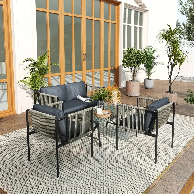 4-teiliges Gartenmöbel-Set Sofa 2 Sessel Glastisch Kissen Rattan | Grau