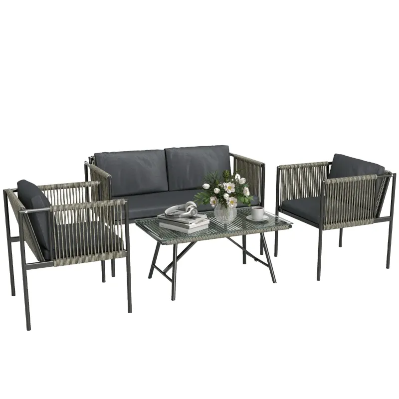4-teiliges Gartenmöbel-Set Sofa 2 Sessel Glastisch Kissen Rattan | Grau
