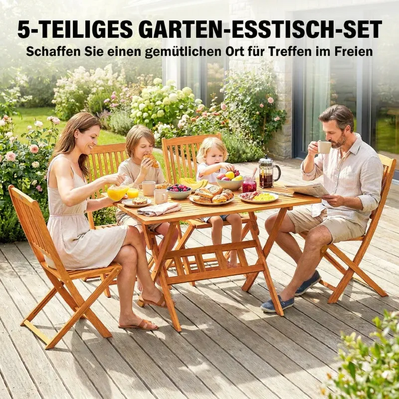 Gartenmöbel Set Holz FSC 5-teilig Klappbar Tisch 4 Stühle | Naturholz