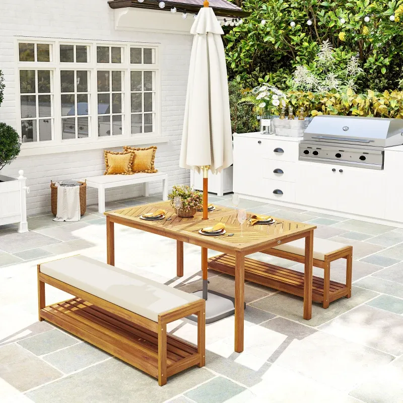 3-teiliges Gartenmöbel-Set Esstisch 2 Bänke Schirmloch | Teak