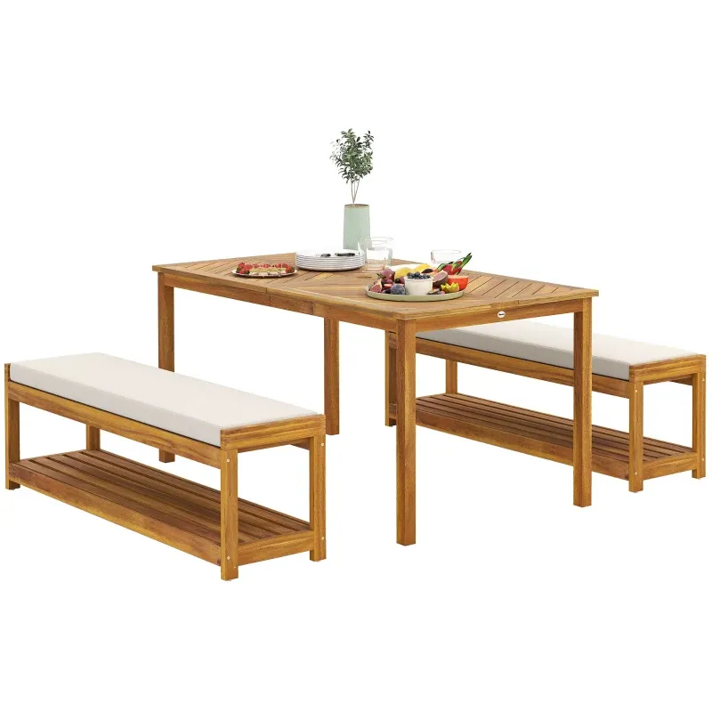 3-teiliges Gartenmöbel-Set Esstisch 2 Bänke Schirmloch | Teak 3-teiliges Gartenmöbel-Set Esstisch 2 Bänke Schirmloch | Teak