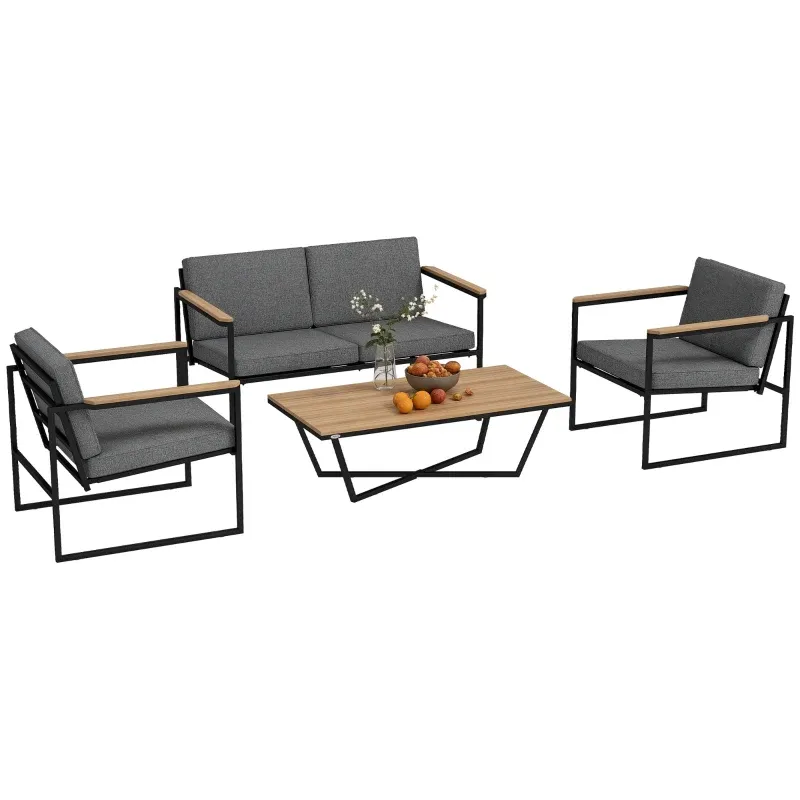 Gartenmöbel Set 4 Personen Sofa 2 Stühle Beistelltisch Kissen | Grau