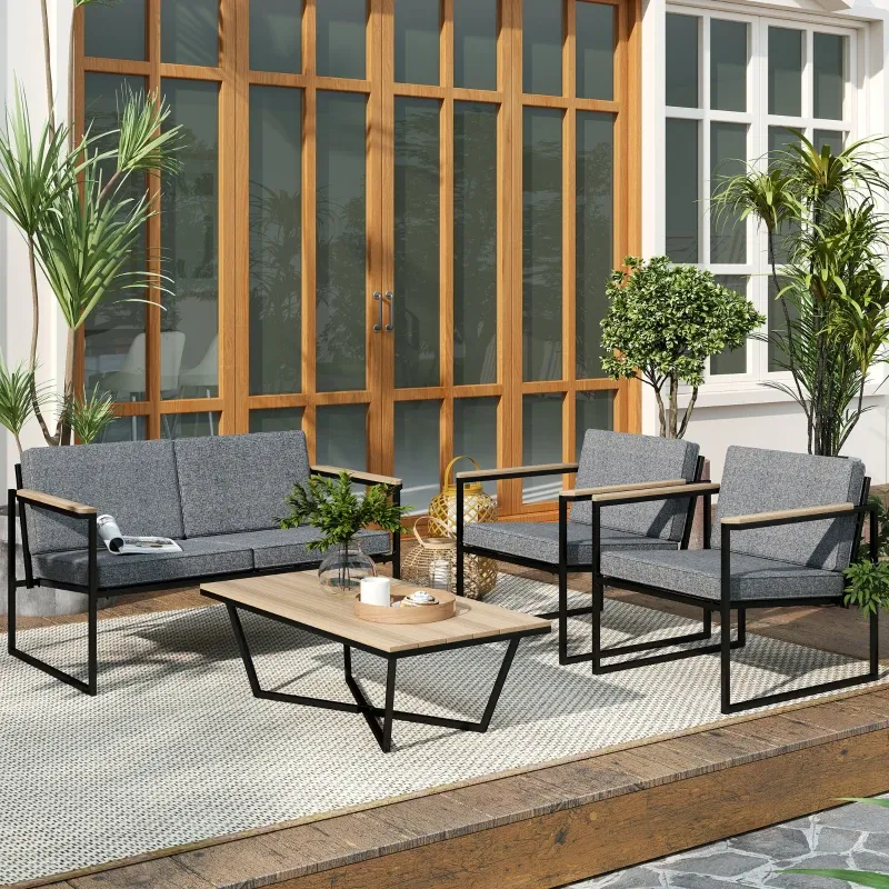 Gartenmöbel Set 4 Personen Sofa 2 Stühle Beistelltisch Kissen | Grau