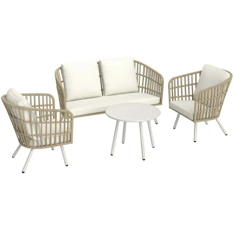 Gartenmöbel Set Polyrattan Lounge-Set Sofa Sessel Tisch Kissen | Khaki Gartenmöbel Set Polyrattan Lounge-Set Sofa Sessel Tisch Kissen | Khaki