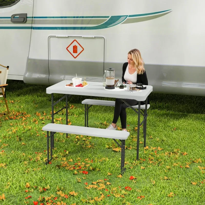 Campingtisch- und Bankset Klappbar Transportgriffe | Hellgrau