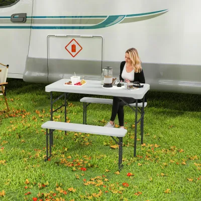 Campingtisch- und Bankset Klappbar Transportgriffe | Hellgrau