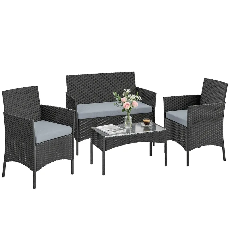 4 Personen Rattan-Gartenlounge Sofa Couchtisch Glas Kissen | Grau 4 Personen Rattan-Gartenlounge Sofa Couchtisch Glas Kissen | Grau