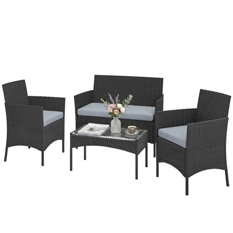 4 Personen Rattan-Gartenlounge Sofa Couchtisch Glas Kissen | Grau