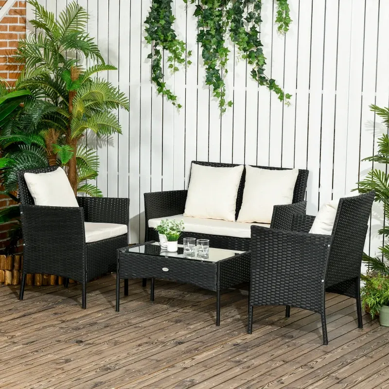 Gartenmöbel-Set 4-teilig Rattan 2 Stühle 2-Sitzer Tisch | Schwarz