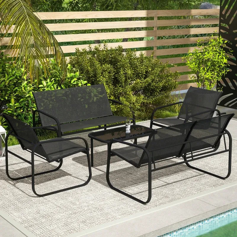 Gartenmöbel-Set 5-teilig Stahl Textilene Sofa Sessel Glastisch | Grau