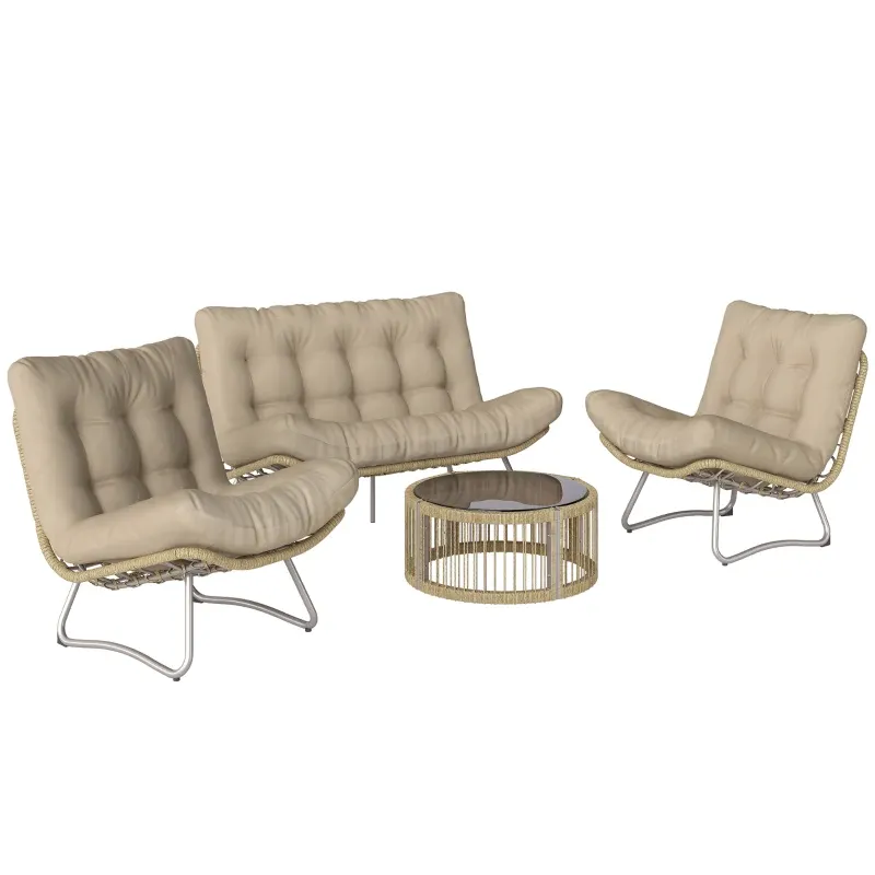 Rattan Gartenmöbel Set 4-teilig Lounge-Set Sofa Sessel Glastisch Kissen | Naturholz/Braun Rattan Gartenmöbel Set 4-teilig Lounge-Set Sofa Sessel Glastisch Kissen | Naturholz/Braun