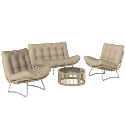 Rattan Gartenmöbel Set 4-teilig Lounge-Set Sofa Sessel Glastisch Kissen | Naturholz/Braun