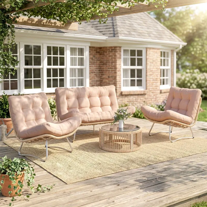 Rattan Gartenmöbel Set 4-teilig Lounge-Set Sofa Sessel Glastisch Kissen | Naturholz/Braun