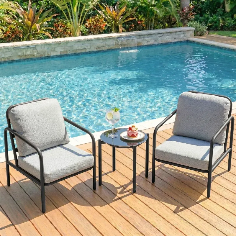 3-teiliges Bistrot-Set Stahl 2 Stühle Kissen Glastisch | Schwarz