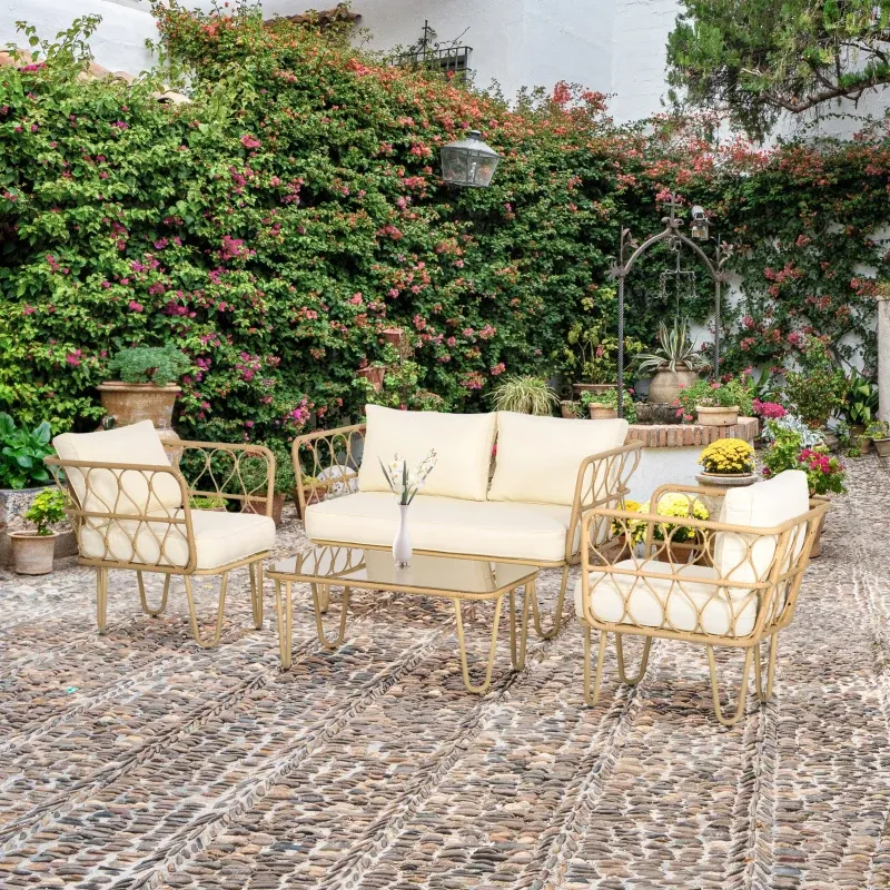 Rattan Gartenmöbel-Set Sofa 2 Sessel Couchtisch Glas 7 Kissen | Beige