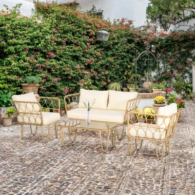 Rattan Gartenmöbel-Set Sofa 2 Sessel Couchtisch Glas 7 Kissen | Beige