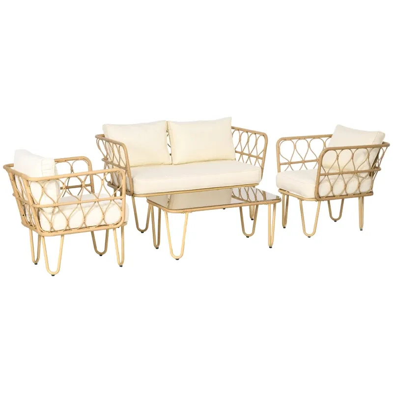 Rattan Gartenmöbel-Set Sofa 2 Sessel Couchtisch Glas 7 Kissen | Beige Rattan Gartenmöbel-Set Sofa 2 Sessel Couchtisch Glas 7 Kissen | Beige