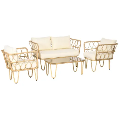 Rattan Gartenmöbel-Set Sofa 2 Sessel Couchtisch Glas 7 Kissen | Beige Rattan Gartenmöbel-Set Sofa 2 Sessel Couchtisch Glas 7 Kissen | Beige