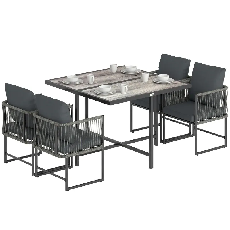 Polyrattan Gartenmöbel Set 5-teilig Tisch 4 Stühle DPC-Tischplatte Kissen | Grau Polyrattan Gartenmöbel Set 5-teilig Tisch 4 Stühle DPC-Tischplatte Kissen | Grau