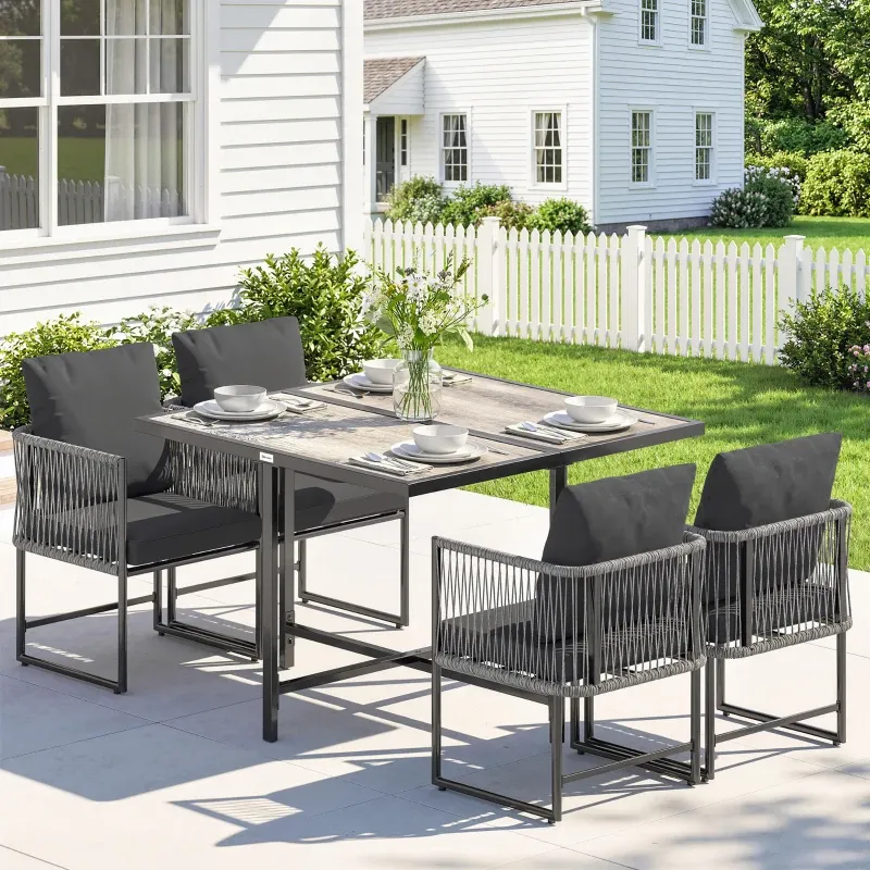 Polyrattan Gartenmöbel Set 5-teilig Tisch 4 Stühle DPC-Tischplatte Kissen | Grau