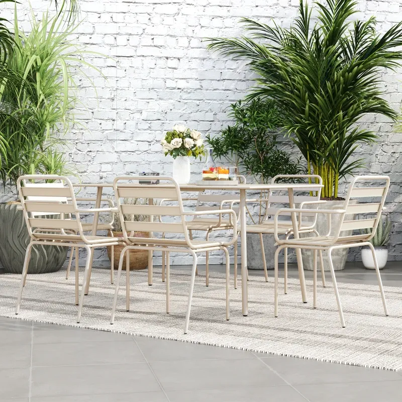 Gartenmöbel-Set 7-teilig Tisch 6 Stapelstühle Stahl | Beige