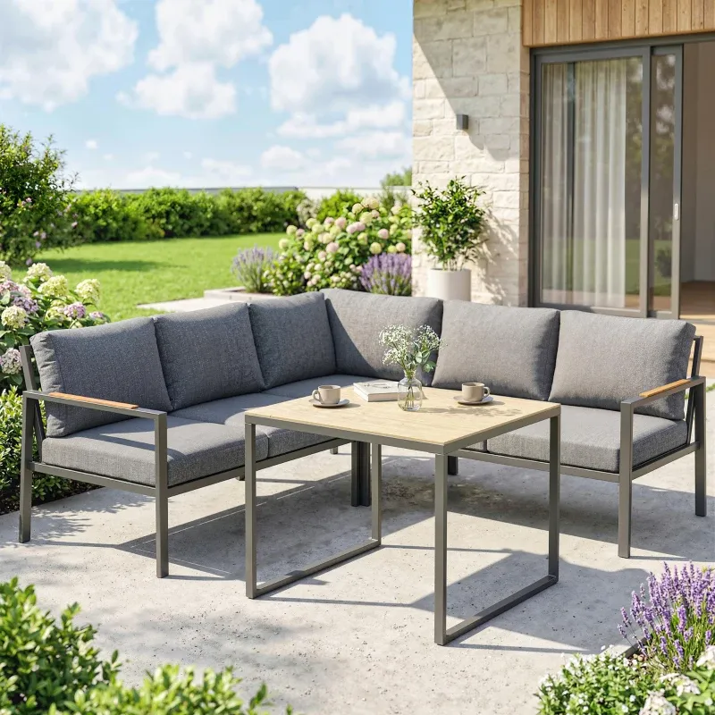 Outdoor‑Lounge 3‑teilig 5 Personen 2 Sofas Couchtisch Kissen | Dunkelgrau