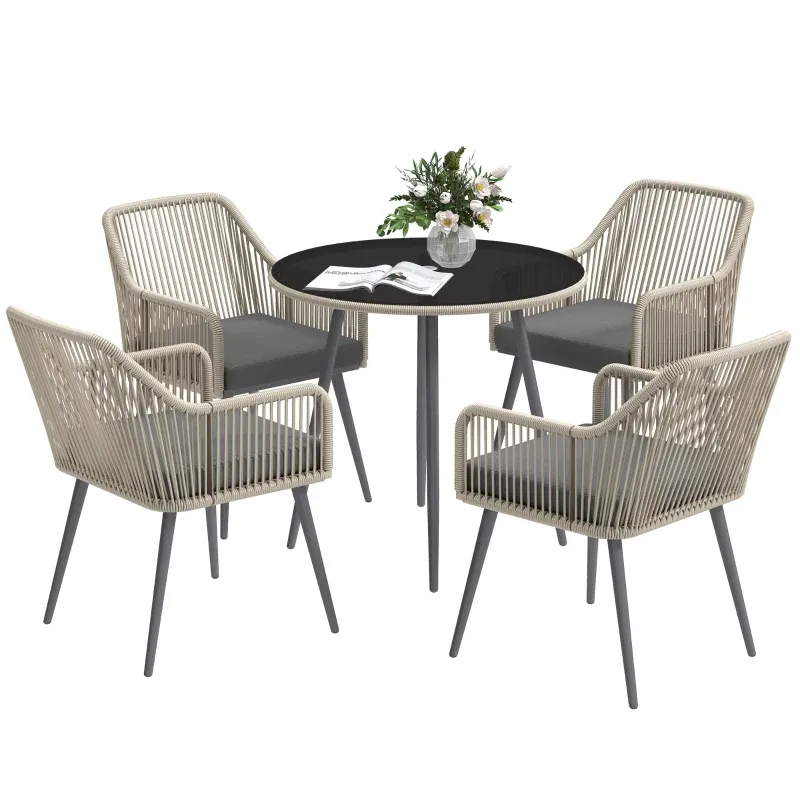 Gartenmöbel-Set Rattan 4 Personen Kissen Runder Glastisch | Braun Gartenmöbel-Set Rattan 4 Personen Kissen Runder Glastisch | Braun