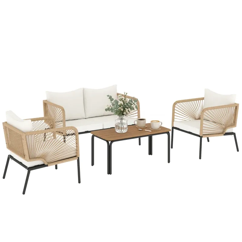 Rattan Gartenmöbel Set Wetterbeständig 4 Personen Sofa Sessel WPC-Lamell-Tisch | Weiss Rattan Gartenmöbel Set Wetterbeständig 4 Personen Sofa Sessel WPC-Lamell-Tisch | Weiss