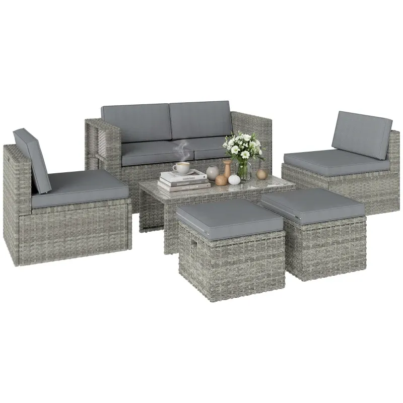 6‑teiliges Gartenset Polyrattan Sitzgruppe Sofa Sessel Tisch Fusshocker | Dunkelgrau 6‑teiliges Gartenset Polyrattan Sitzgruppe Sofa Sessel Tisch Fusshocker | Dunkelgrau
