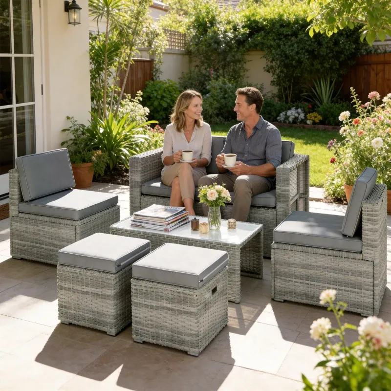 6‑teiliges Gartenset Polyrattan Sitzgruppe Sofa Sessel Tisch Fusshocker | Dunkelgrau