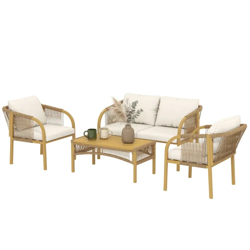 4‑teiliges Rattan Garten-Set Sofa 2 Sessel Tisch Kissen | Khaki