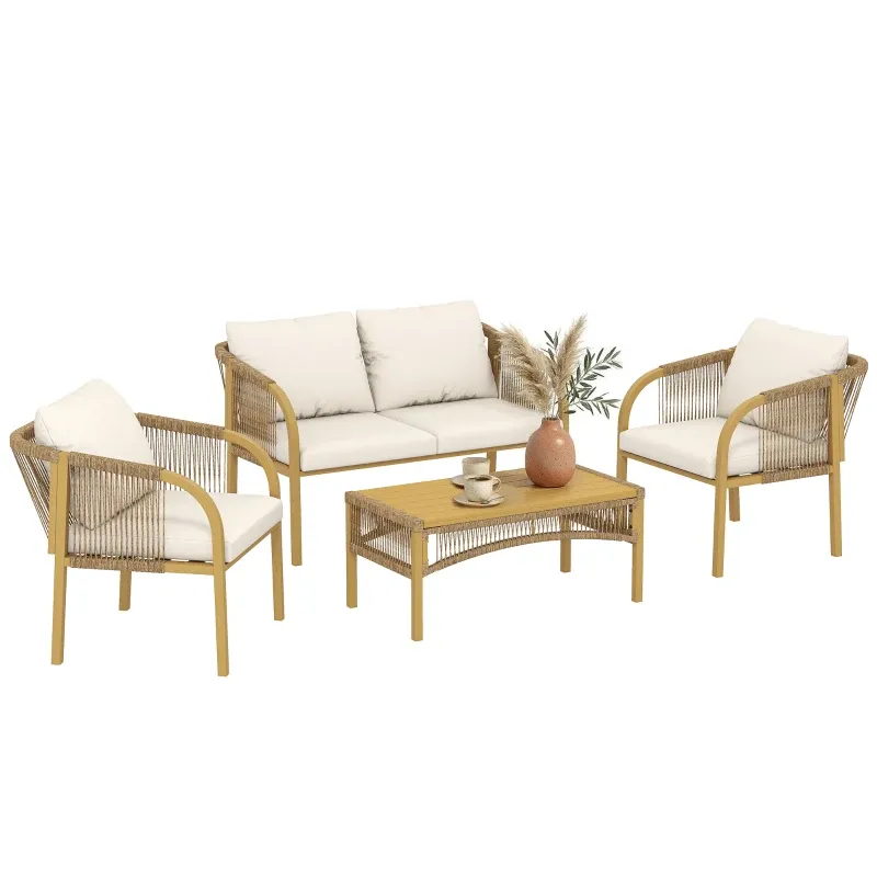 4‑teiliges Rattan Garten-Set Sofa 2 Sessel Tisch Kissen | Khaki 4‑teiliges Rattan Garten-Set Sofa 2 Sessel Tisch Kissen | Khaki