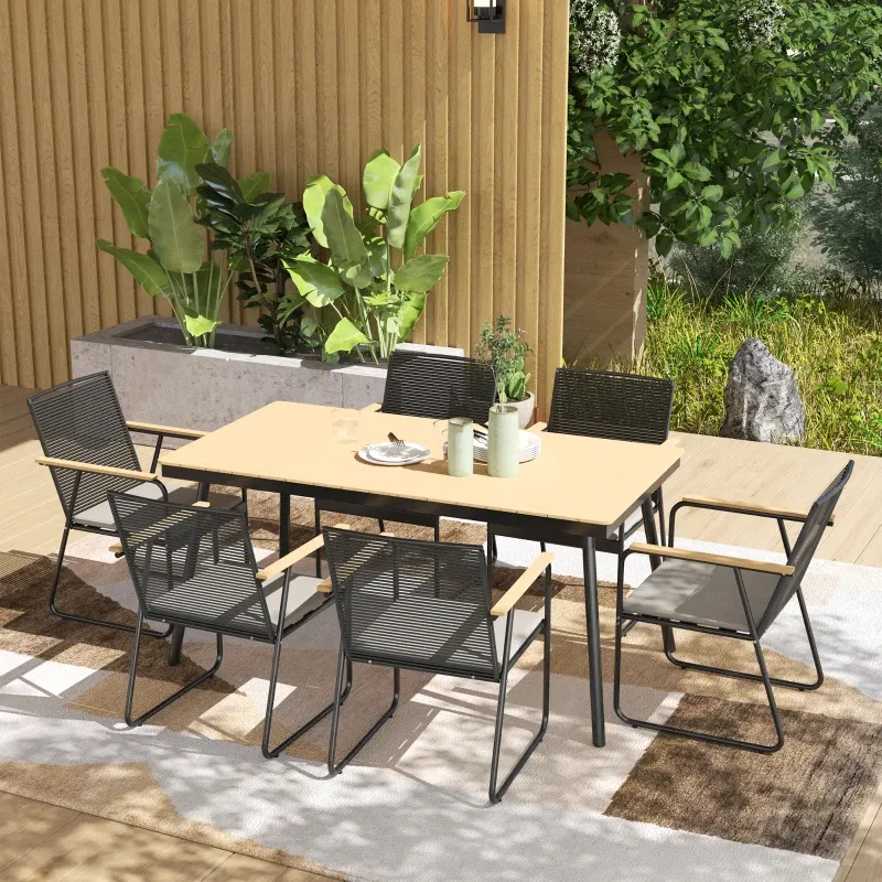 Sitzgruppe 7-teilig Metall Essgruppe 6 Personen Esstisch 6 Stühle | Naturholz/Schwarz