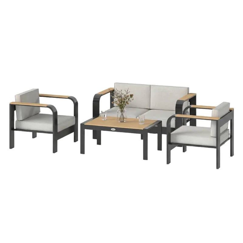 Gartenmöbel Set Extra-tiefe Sitze Sofa Sessel WPC-Latten-Couchtisch Aluminiumrahmen | Beige
