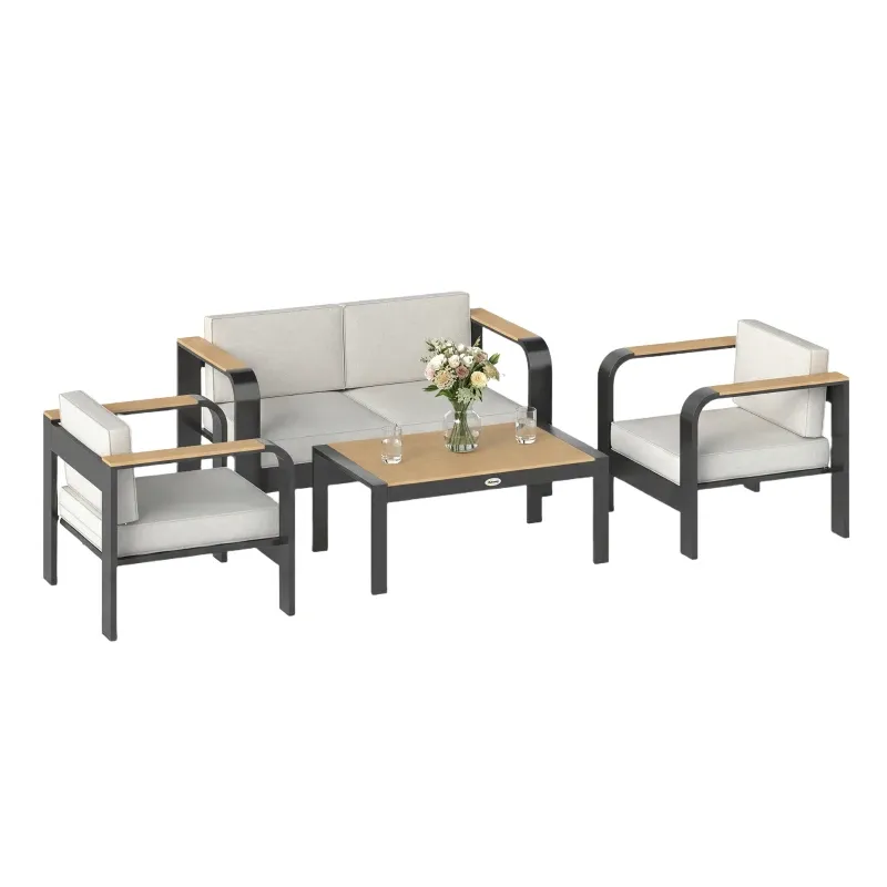 Gartenmöbel Set Extra-tiefe Sitze Sofa Sessel WPC-Latten-Couchtisch Aluminiumrahmen | Beige Gartenmöbel Set Extra-tiefe Sitze Sofa Sessel WPC-Latten-Couchtisch Aluminiumrahmen | Beige