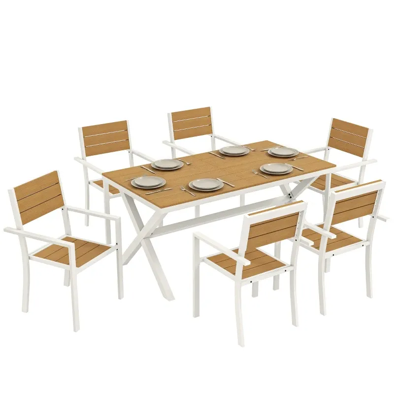Gartenmöbel Set Sitzgruppe 7-teilig Tisch 6 Stapelstühle Holzoptik Aluminiumrahmen | Teak