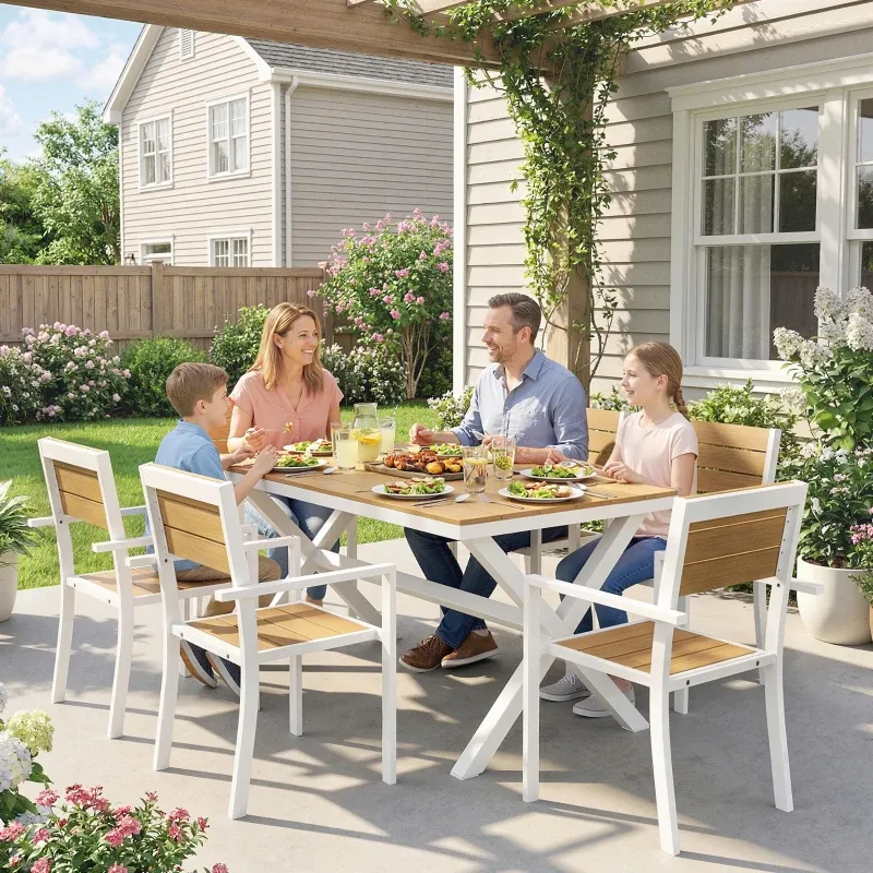 Gartenmöbel Set Sitzgruppe 7-teilig Tisch 6 Stapelstühle Holzoptik Aluminiumrahmen | Teak