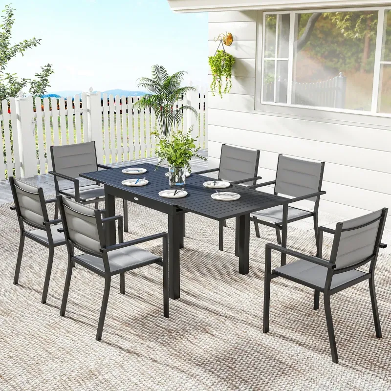 7-teiliges Garten-Essset Aluminium Ausziehbarer Tisch 6 Stühle | Grau